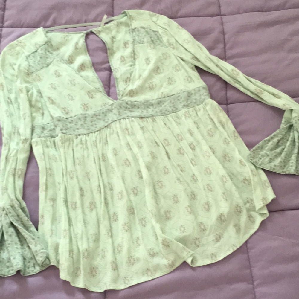 Free People Green Asymmetrical Bell Sleeve Blouse